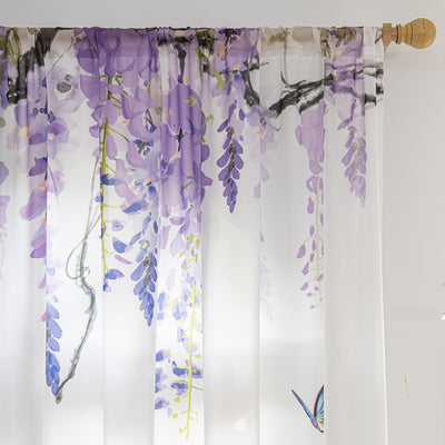 White Sheer Curtains with Purple Wisteria Flower and Butterfly Print