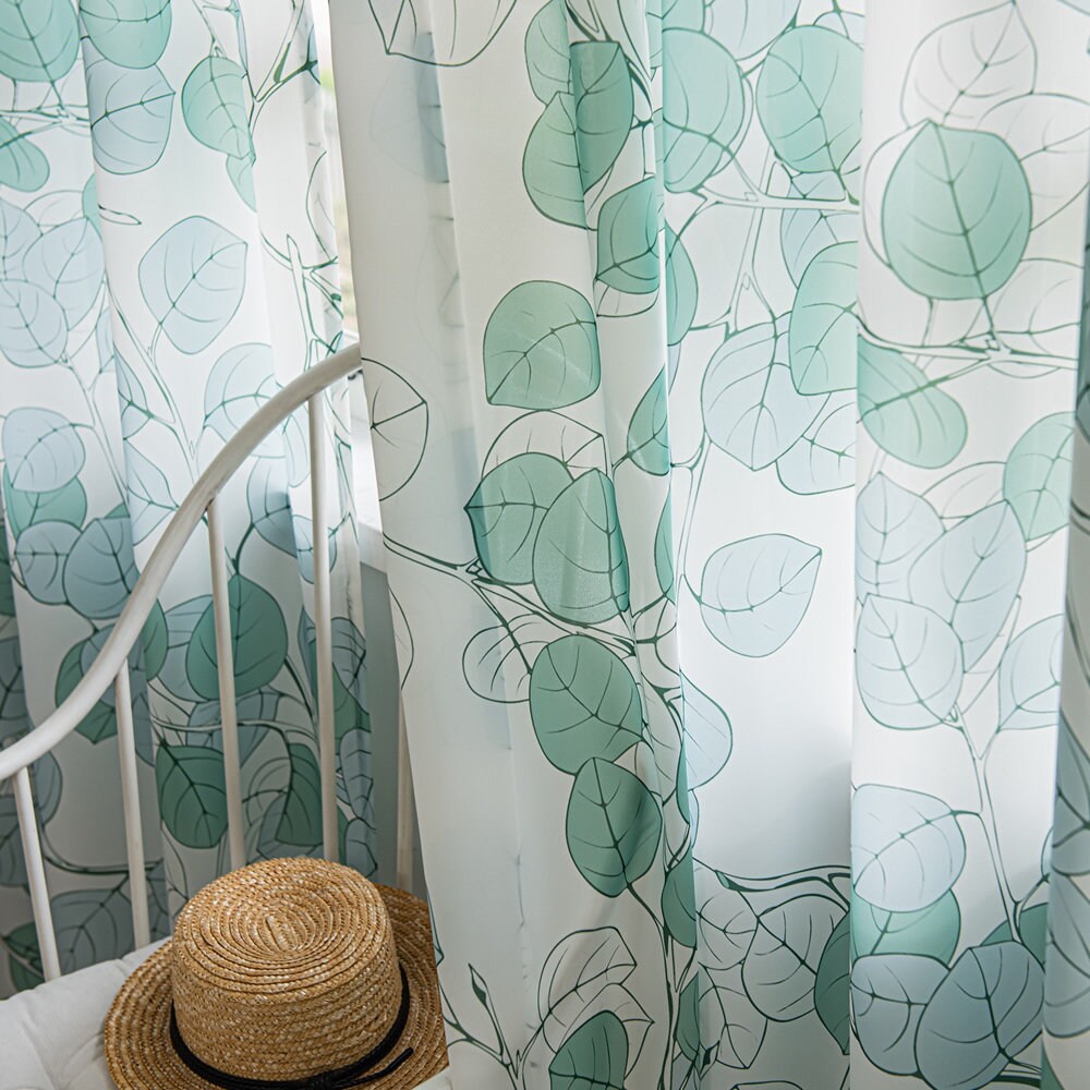 Green Sheer Curtains with Tree Branch and Leaf Plant Print