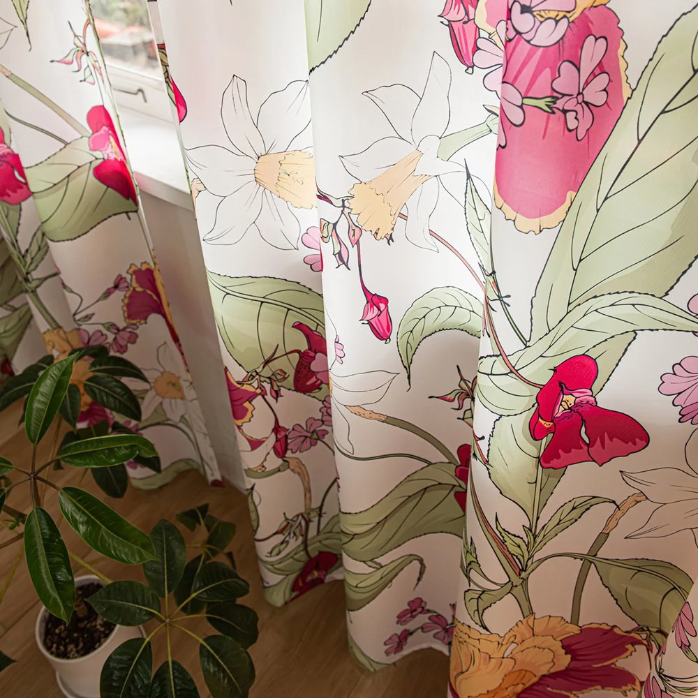 Red and Yellow Sheer Curtains with Tropical Leaves and Vintage Flower Print