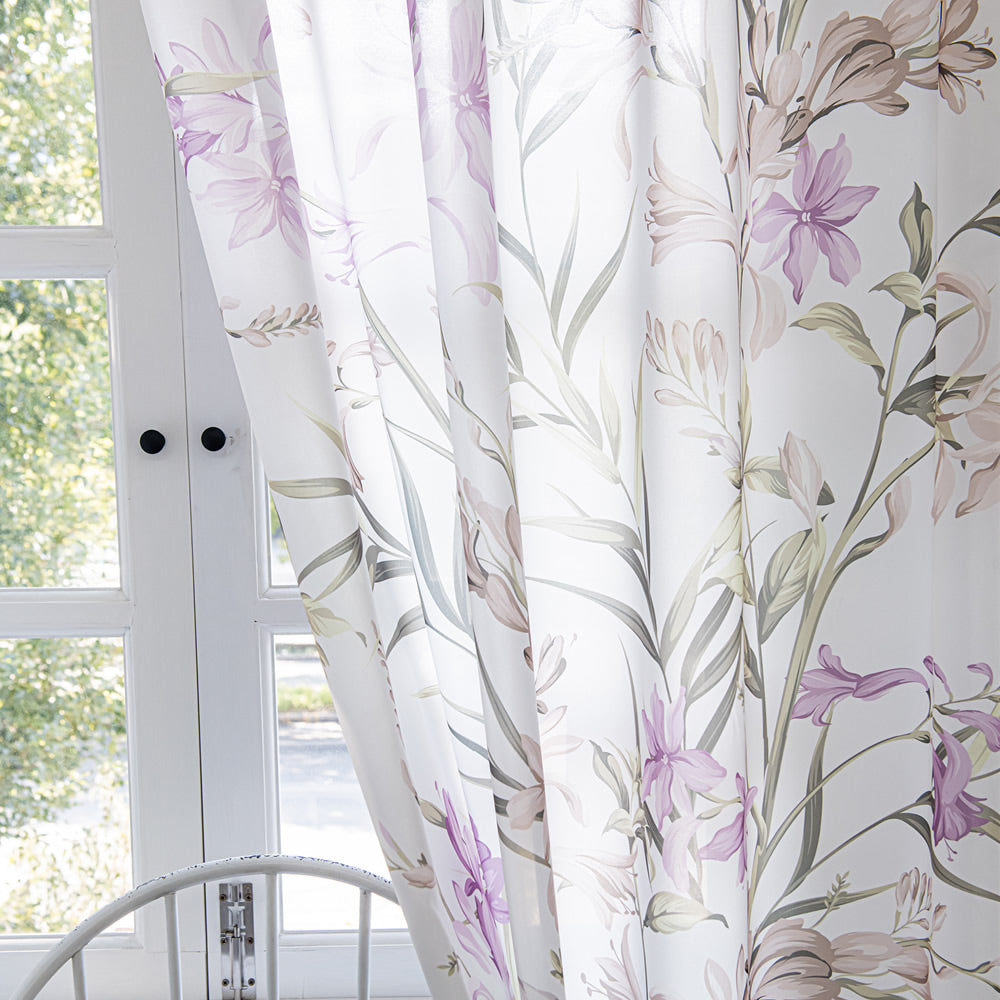 White Sheer Chiffon Curtains with Retro Purple Flower and Green Leaf Print