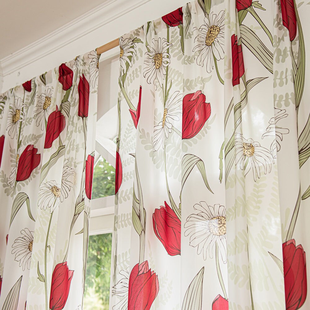 White Sheer Curtains with Red Tulip and Sunflower Floral Print