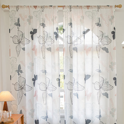 Retro Fashion White Sheer Curtains with Blue and Pink Butterfly Print