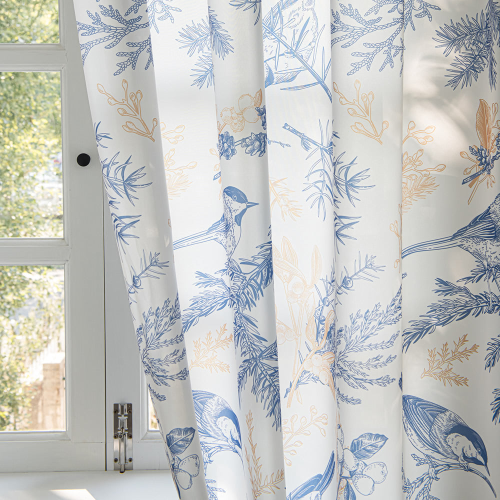 White Sheer Chiffon Curtains with Retro Blue Bird, Branches Leaf Print