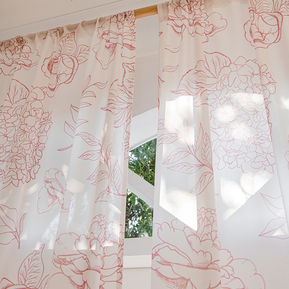 White Sheer Curtains with Line Drawing of Pink Peony, Rose, and Hydrangea Print