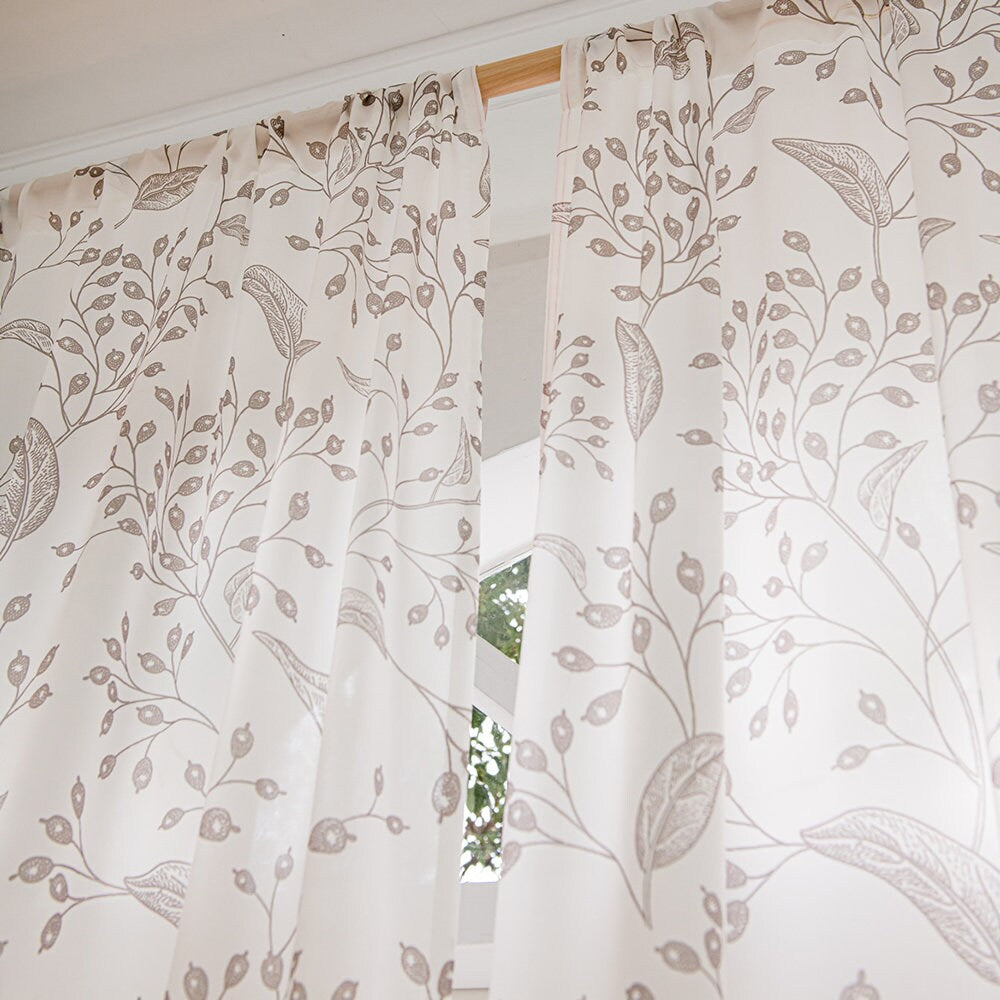 White Sheer Curtains with Brown Small Branches and Leaf Print