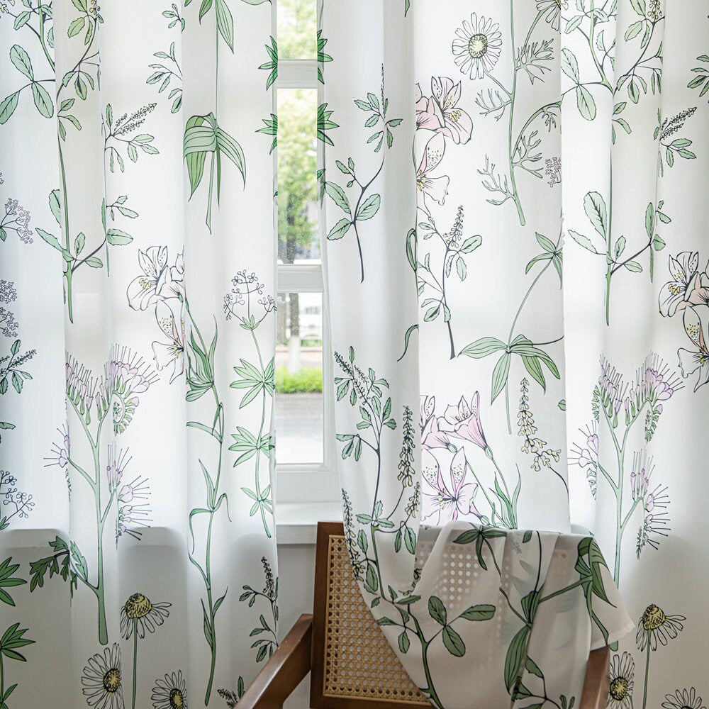 Retro White Sheer Chiffon Curtains with Green Plant, Leaves, Sunflower, and Lily Print