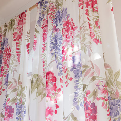 White Chiffon Sheer Curtains Pink and Purple Wisteria Flower Print