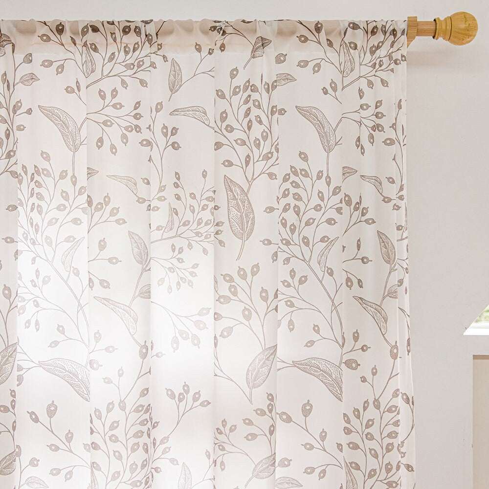 White Sheer Curtains with Brown Small Branches and Leaf Print