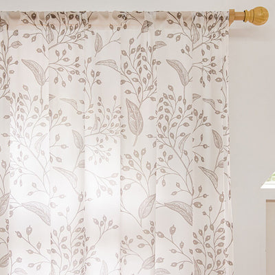 White Sheer Curtains with Brown Small Branches and Leaf Print