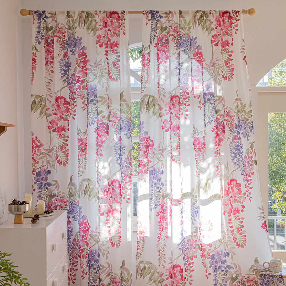 White Chiffon Sheer Curtains Pink and Purple Wisteria Flower Print