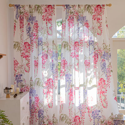 White Chiffon Sheer Curtains Pink and Purple Wisteria Flower Print