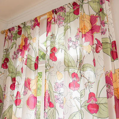 Red and Yellow Sheer Curtains with Tropical Leaves and Vintage Flower Print