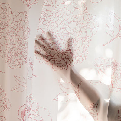 White Sheer Curtains with Line Drawing of Pink Peony, Rose, and Hydrangea Print