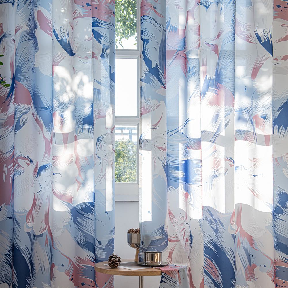 Blue Sheer Curtains with Abstract Watercolor Large White Flowers Print