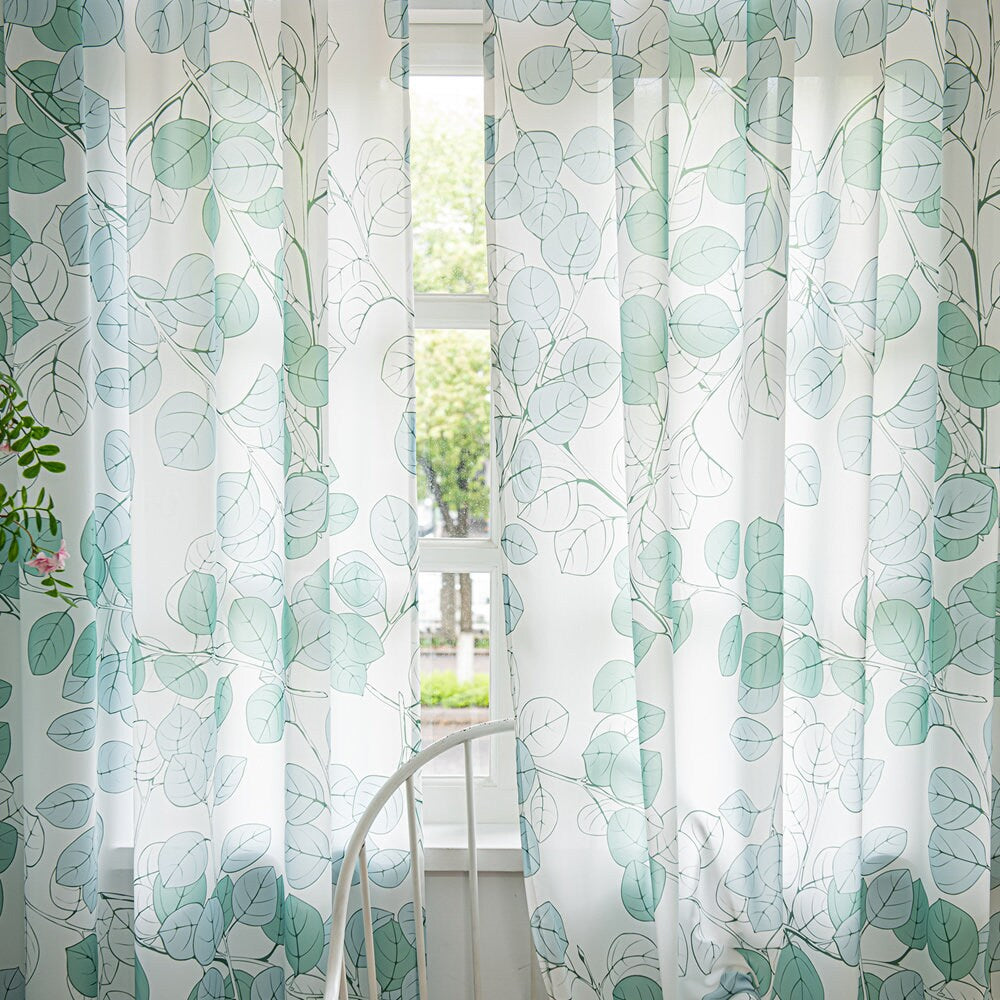 Green Sheer Curtains with Tree Branch and Leaf Plant Print