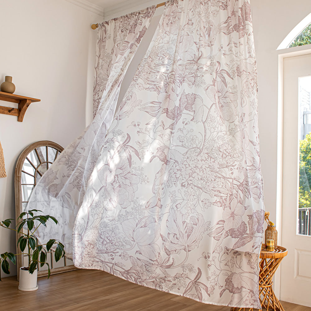 Retro White Chiffon Sheer Curtains with Coffee Peony Flower Print