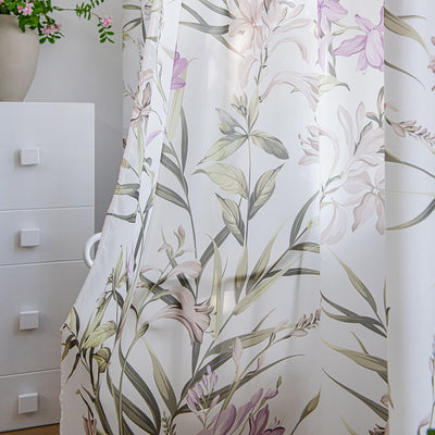 White Sheer Chiffon Curtains with Retro Purple Flower and Green Leaf Print