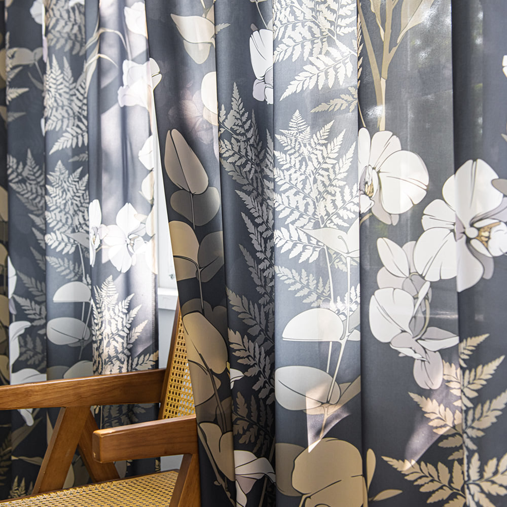 Black Sheer Curtains with Retro White Lily Flower and Leaf Plant Print