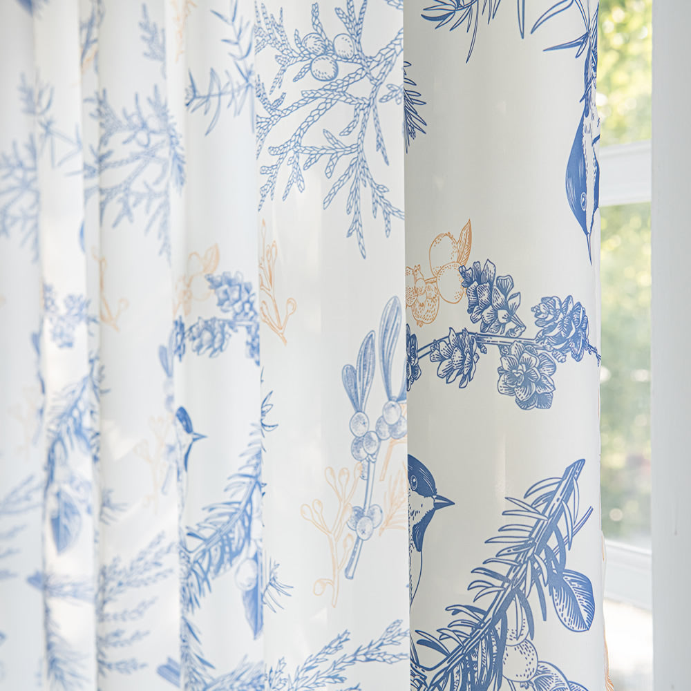 White Sheer Chiffon Curtains with Retro Blue Bird, Branches Leaf Print