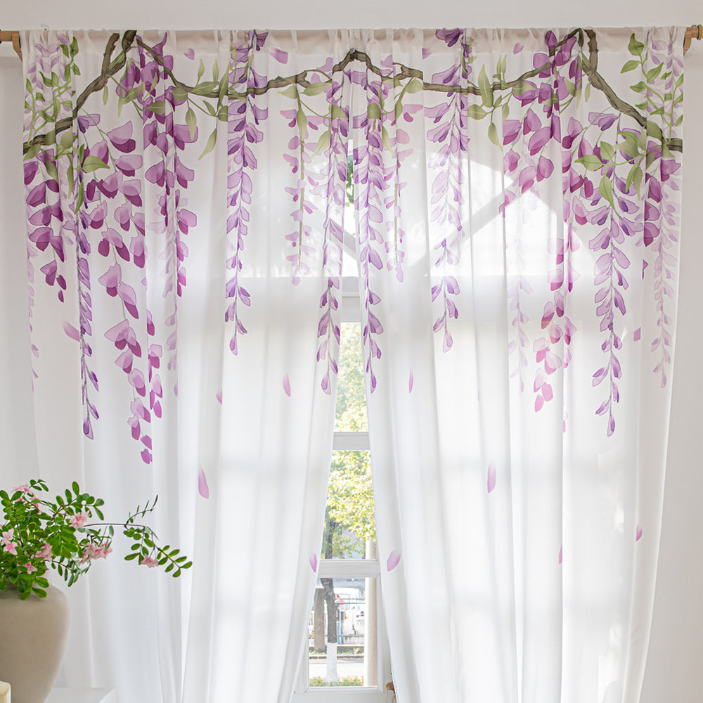 White Sheer Curtains with Wisteria Vine Branches Print