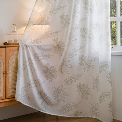 White Sheer Curtains with Green Leaf Print, Simple and Fashionable Design