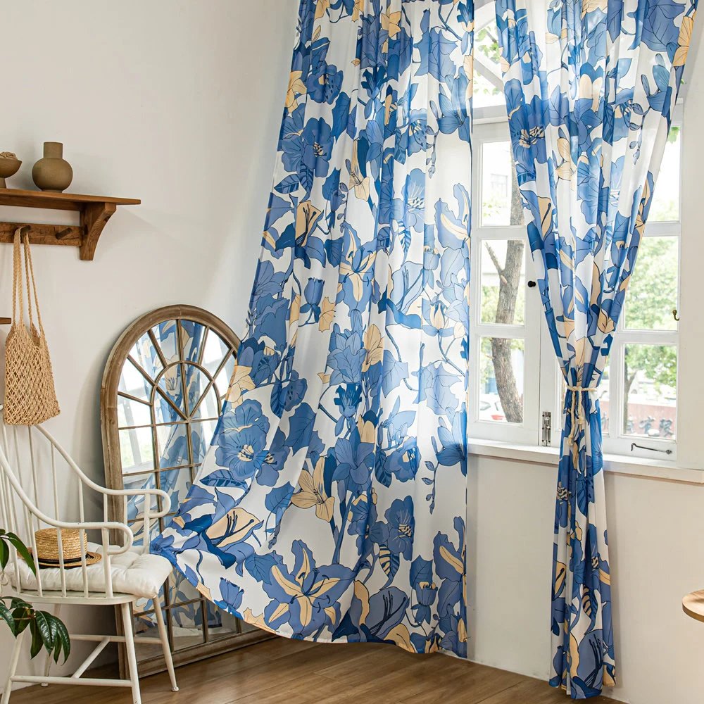 Blue Sheer Curtains with Yellow Lily and Floral Print