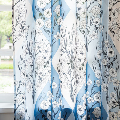 Retro Blue Sheer Curtains with White Floral Diamond Print