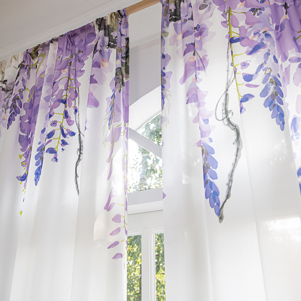 White Sheer Curtains with Purple Wisteria Flower and Butterfly Print