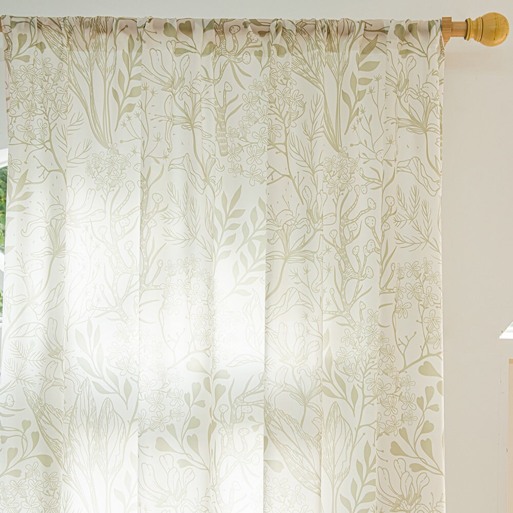 Light Green Sheer Curtains with Leaf and Plant Branches Print