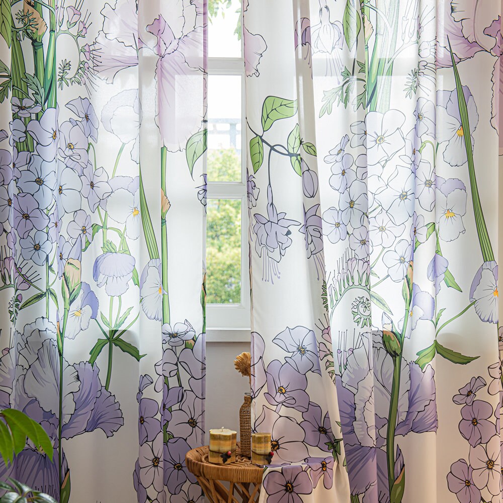 Retro White Sheer Chiffon Curtains with Art Purple Flower Print