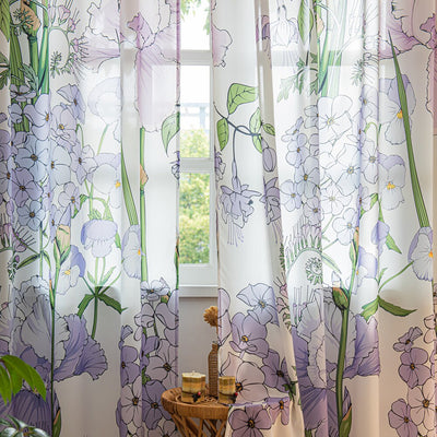 Retro White Sheer Chiffon Curtains with Art Purple Flower Print