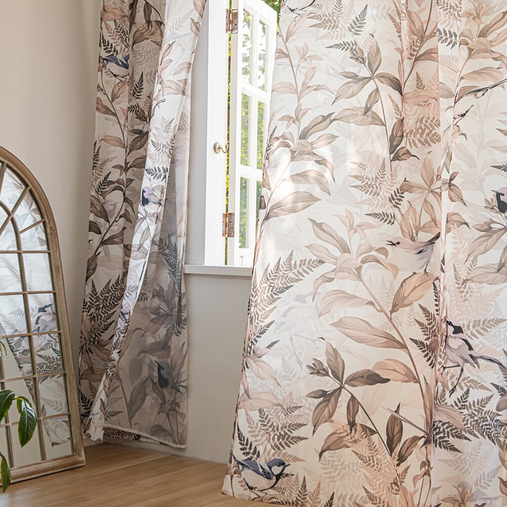 Vintage Sheer Curtains with Brown Leaf, Plant, and Bird Print