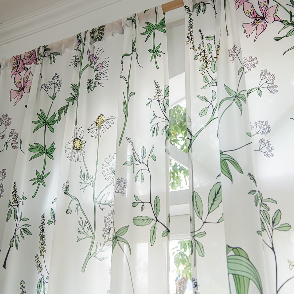 Retro White Sheer Chiffon Curtains with Green Plant, Leaves, Sunflower, and Lily Print