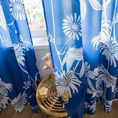 Retro Blue Sheer Chiffon Curtains with Boho Sunflower and Plant Leaves Print