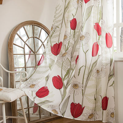 White Sheer Curtains with Red Tulip and Sunflower Floral Print