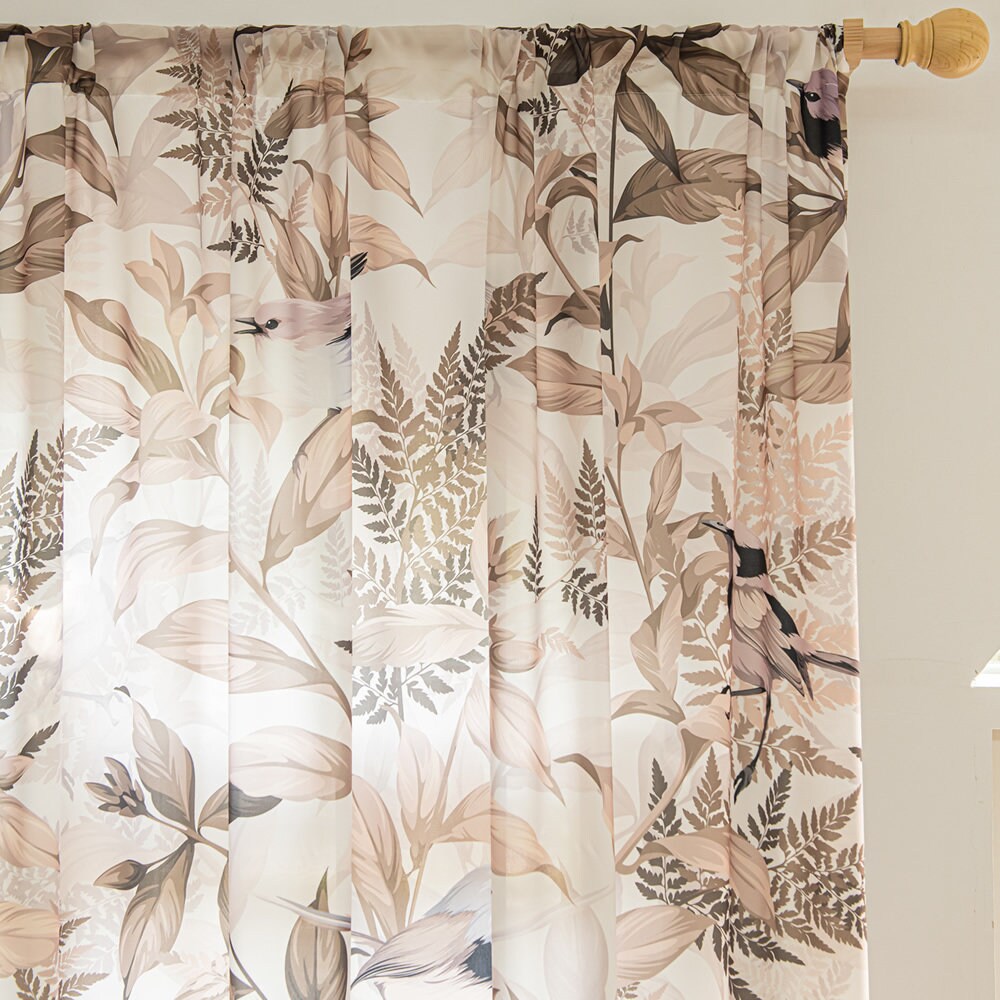 Vintage Sheer Curtains with Brown Leaf, Plant, and Bird Print