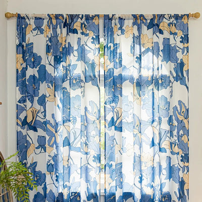 Blue Sheer Curtains with Yellow Lily and Floral Print