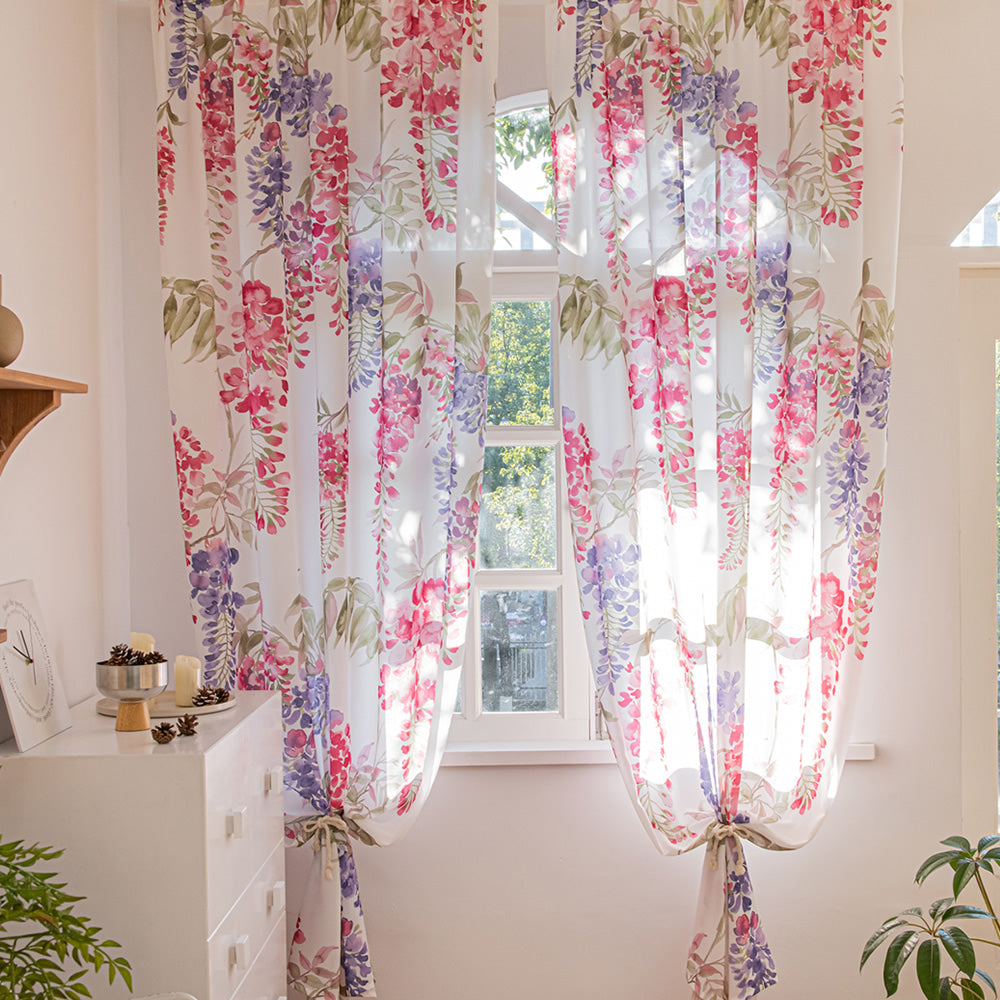 White Chiffon Sheer Curtains Pink and Purple Wisteria Flower Print