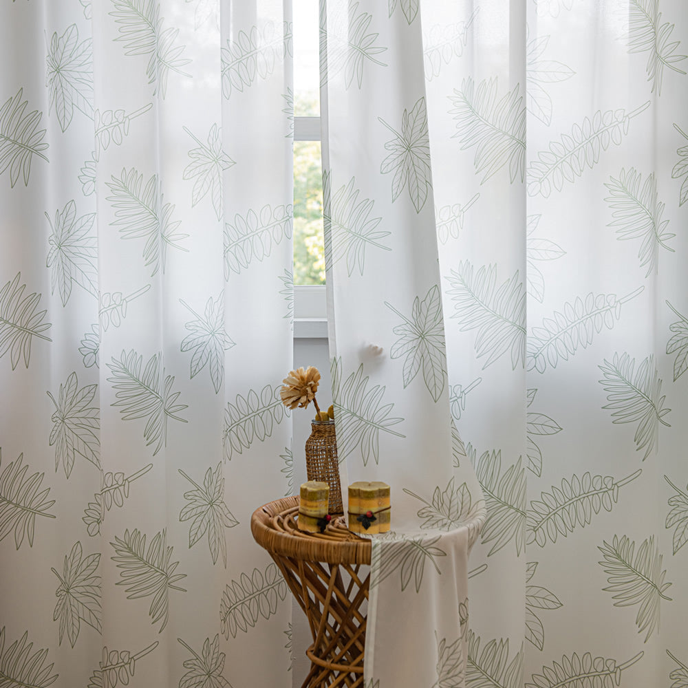 White Sheer Curtains with Green Leaf Print, Simple and Fashionable Design