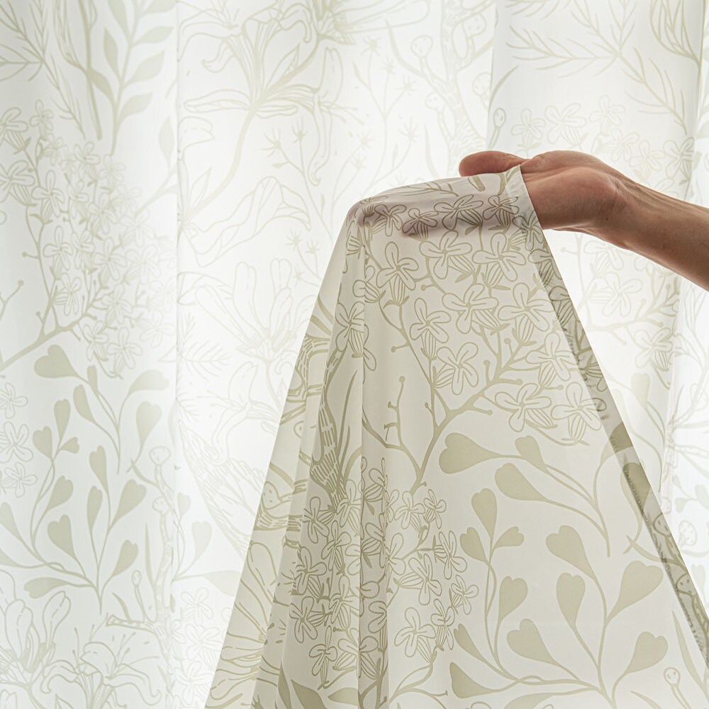 Light Green Sheer Curtains with Leaf and Plant Branches Print