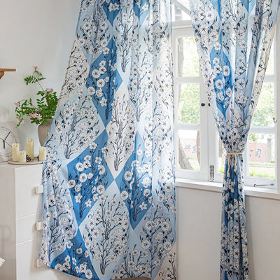 Retro Blue Sheer Curtains with White Floral Diamond Print