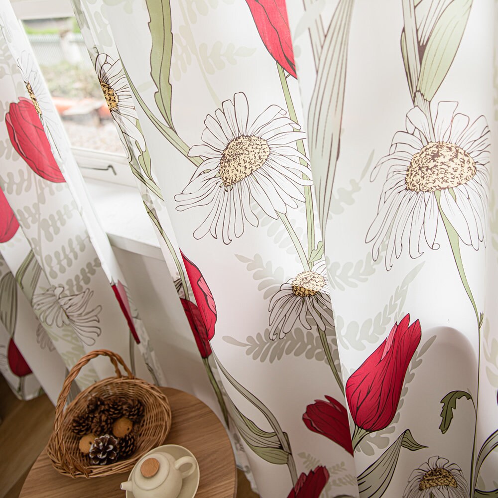 White Sheer Curtains with Red Tulip and Sunflower Floral Print