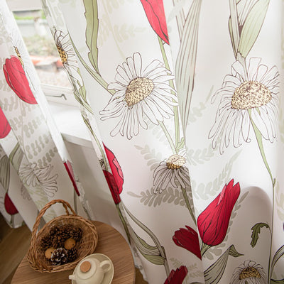 White Sheer Curtains with Red Tulip and Sunflower Floral Print