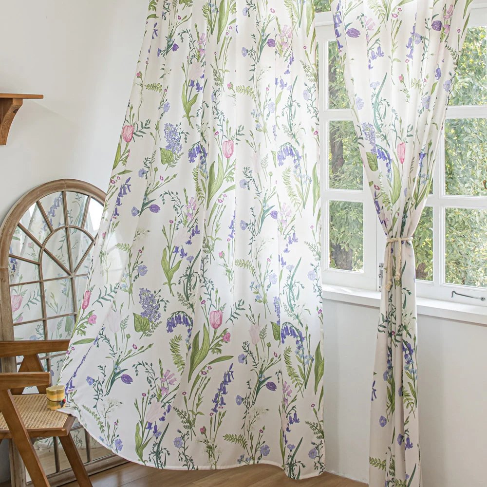 Pretty White Sheer Curtains with Tulip and Violet Print