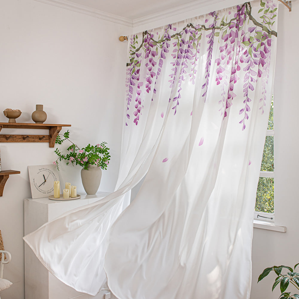 White Sheer Curtains with Wisteria Vine Branches Print