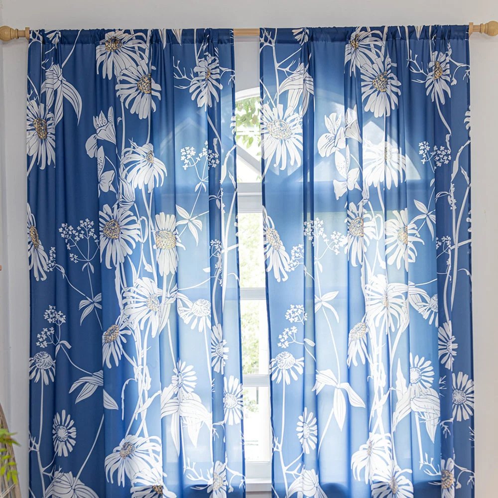 Retro Blue Sheer Chiffon Curtains with Boho Sunflower and Plant Leaves Print