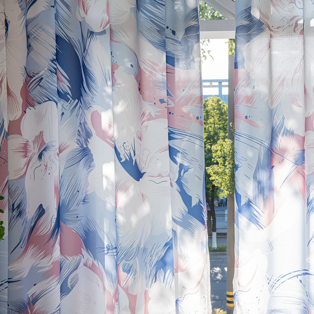 Blue Sheer Curtains with Abstract Watercolor Large White Flowers Print