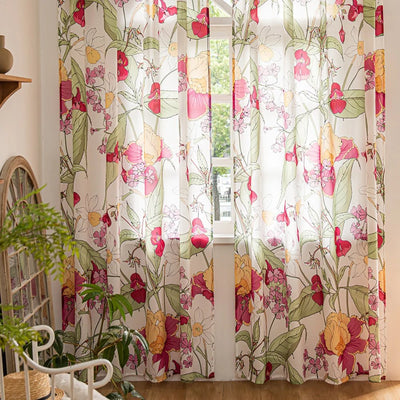 Red and Yellow Sheer Curtains with Tropical Leaves and Vintage Flower Print