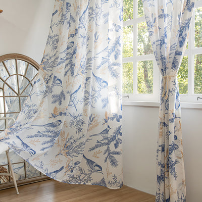 White Sheer Chiffon Curtains with Retro Blue Bird, Branches Leaf Print