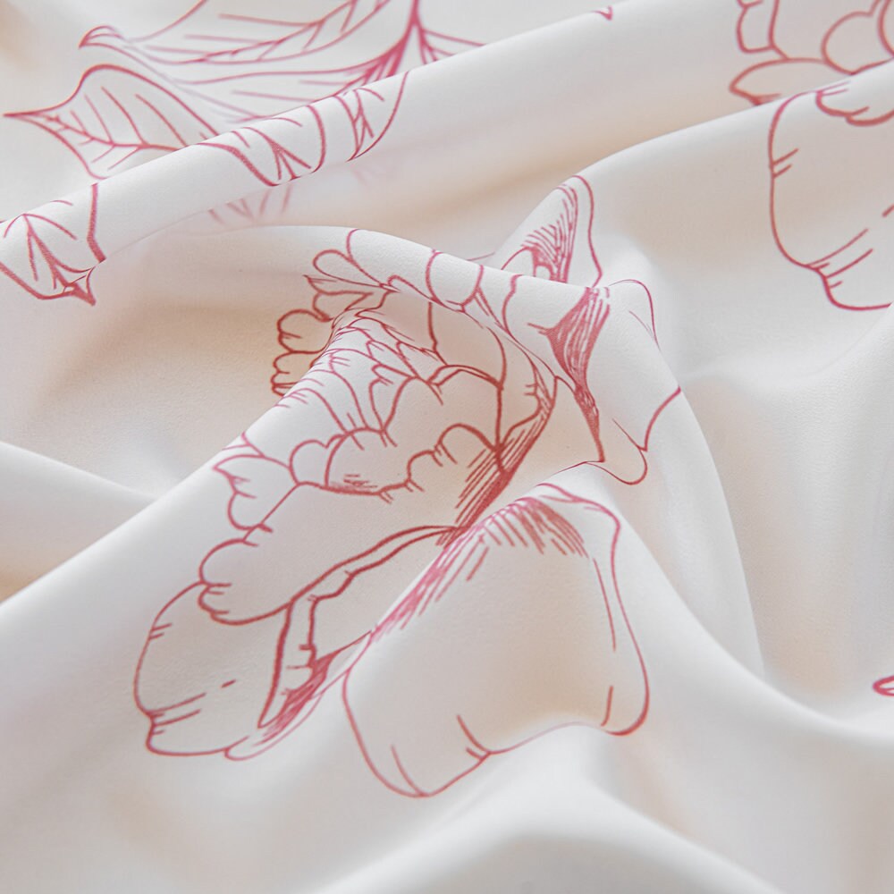 White Sheer Curtains with Line Drawing of Pink Peony, Rose, and Hydrangea Print